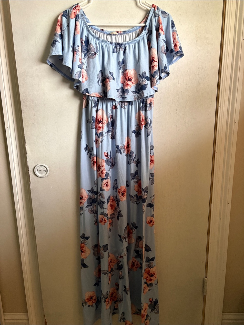 Light Blue Floral Off-Shoulder Maxi Dress